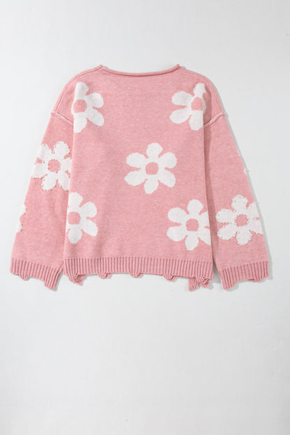 Mehrfarbiger Pullover mit Perlen und Blumenmuster und überschnittener Schulter