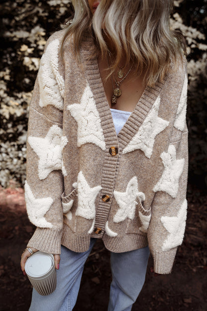 Khakifarbener Sherpa-Strickpullover mit Sternenmuster und Taschen