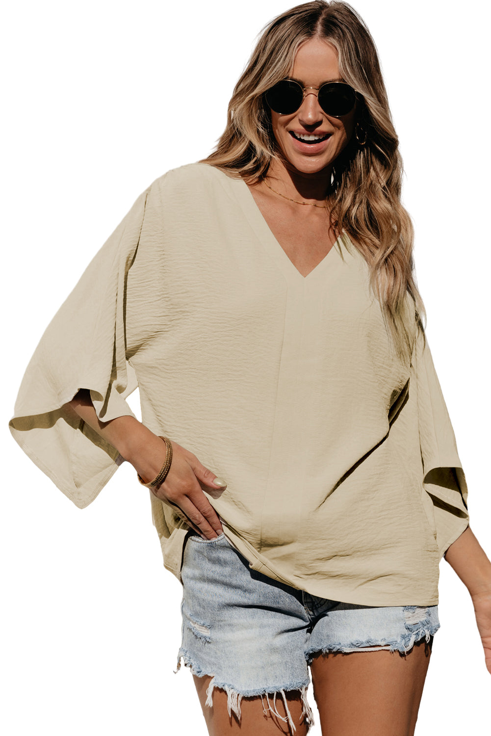 Parchment – Bluse mit V-Ausschnitt und weiten Ärmeln in Knitteroptik