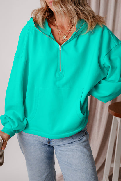 Aruba Blauer, lockerer Hoodie mit Fleecefutter und Kängurutaschen mit halbem Reißverschluss
