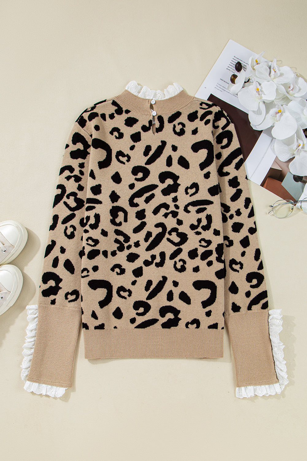 Brown Leopard Pattern Lace Ribbed Detail Button Cuffed Sweater