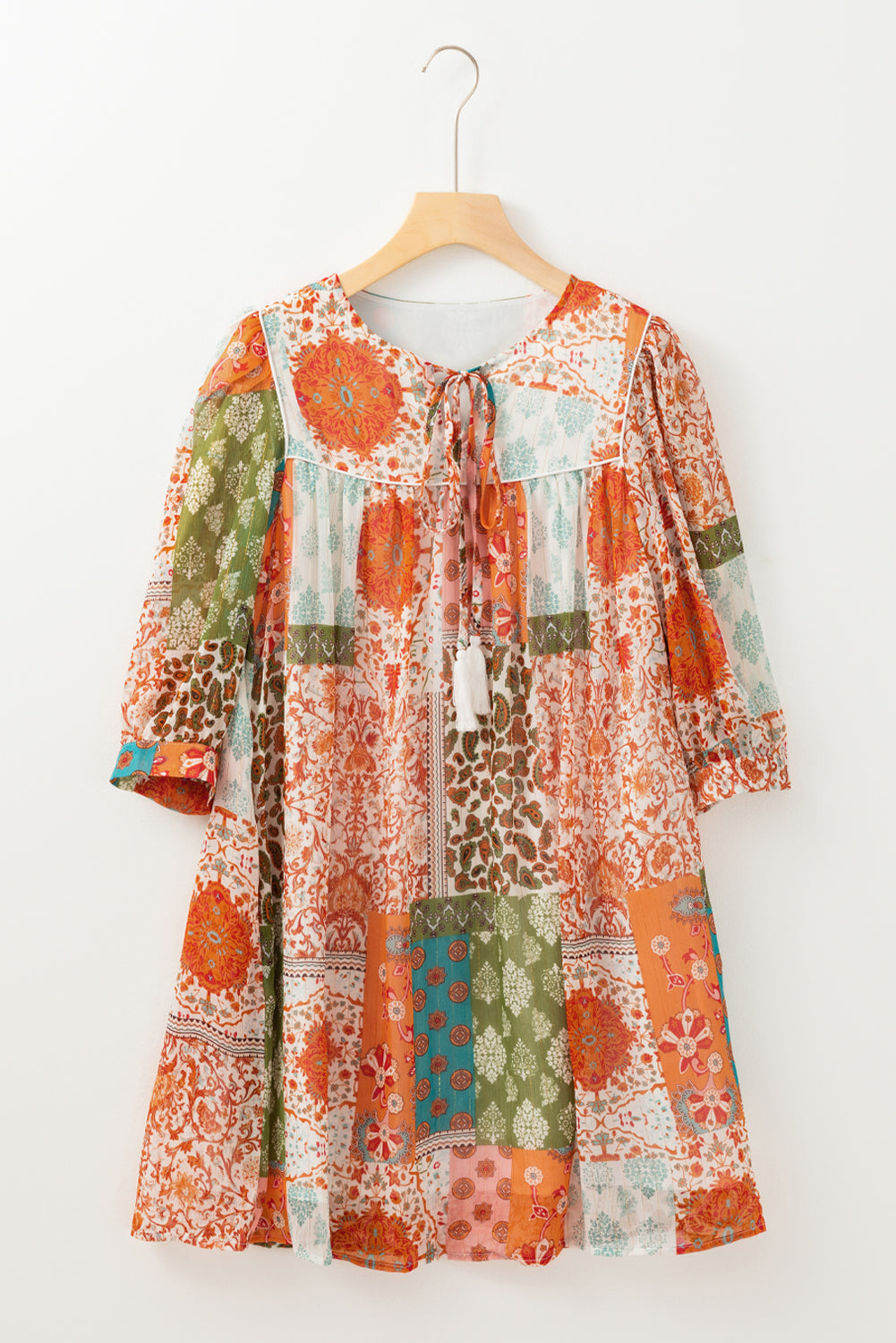 Oranges Boho Paisley Mix Print 3/4 Ärmel Chiffon Lockeres Kleid
