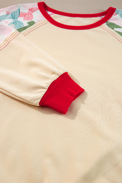 Beiges Patchwork-Oberteil mit Schleifenmuster und Raglanärmeln und Farbblock-Kante