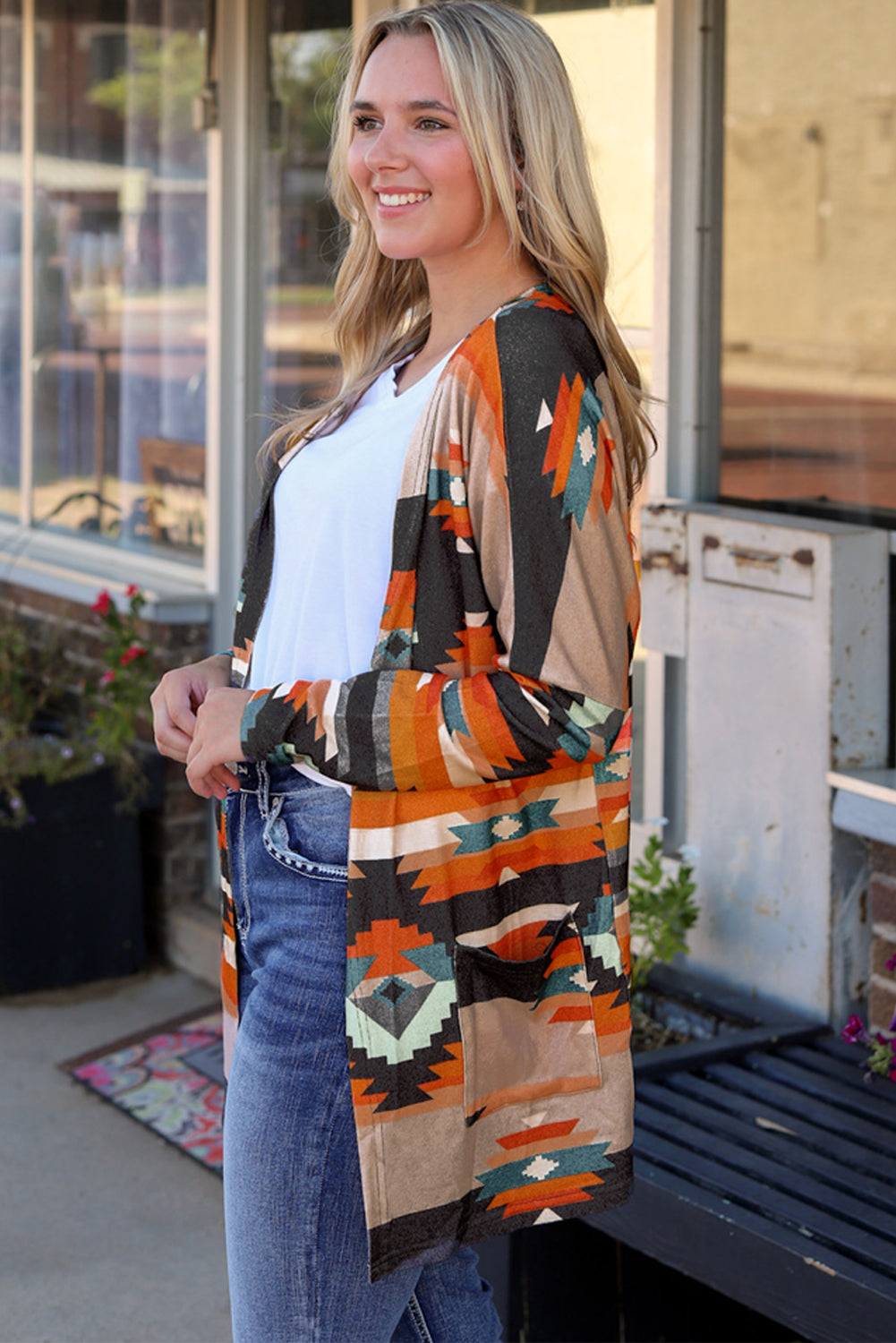 Orangefarbene Strickjacke mit Western-Tribal-Aztekenmuster