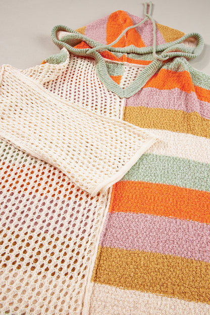 Beigefarbener Oversize-Kapuzenpullover mit Farbblockdesign und V-Ausschnitt