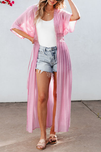 Hellrosa Maxi-Kimono mit offener Vorderseite und Spitzenspleiß