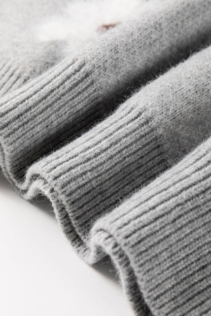 Grauer Pullover mit halbem Reißverschluss und Blumenmuster in Übergröße