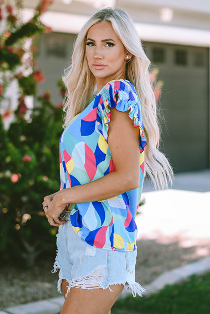 Mehrfarbige Bluse mit abstraktem Print und Rüschenärmeln