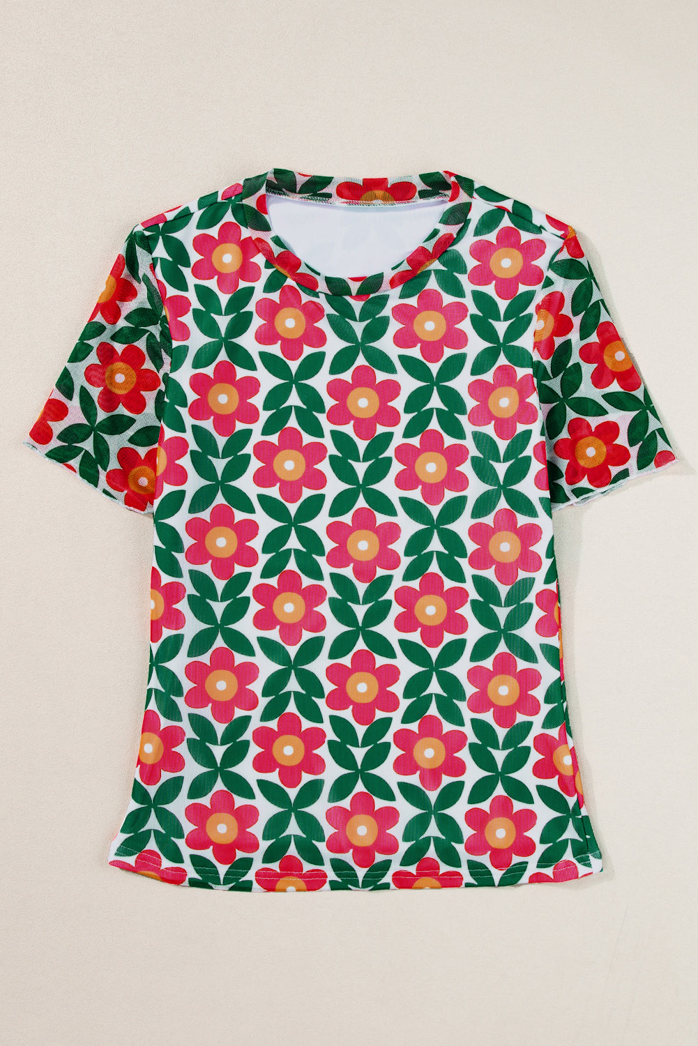 Feurig rotes T-Shirt mit Rundhalsausschnitt und Retro-Blumendruck