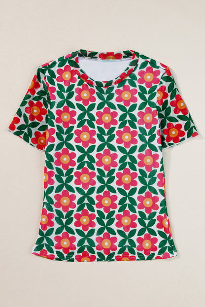 Feurig rotes T-Shirt mit Rundhalsausschnitt und Retro-Blumendruck