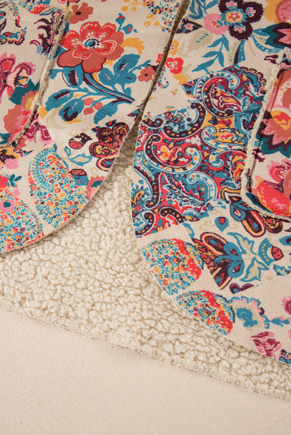 Beige Vintage Paisley Blumendruck Sherpa-gefütterte Kapuzenjacke