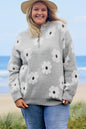 Grauer Pullover mit halbem Reißverschluss und Blumenmuster in Übergröße