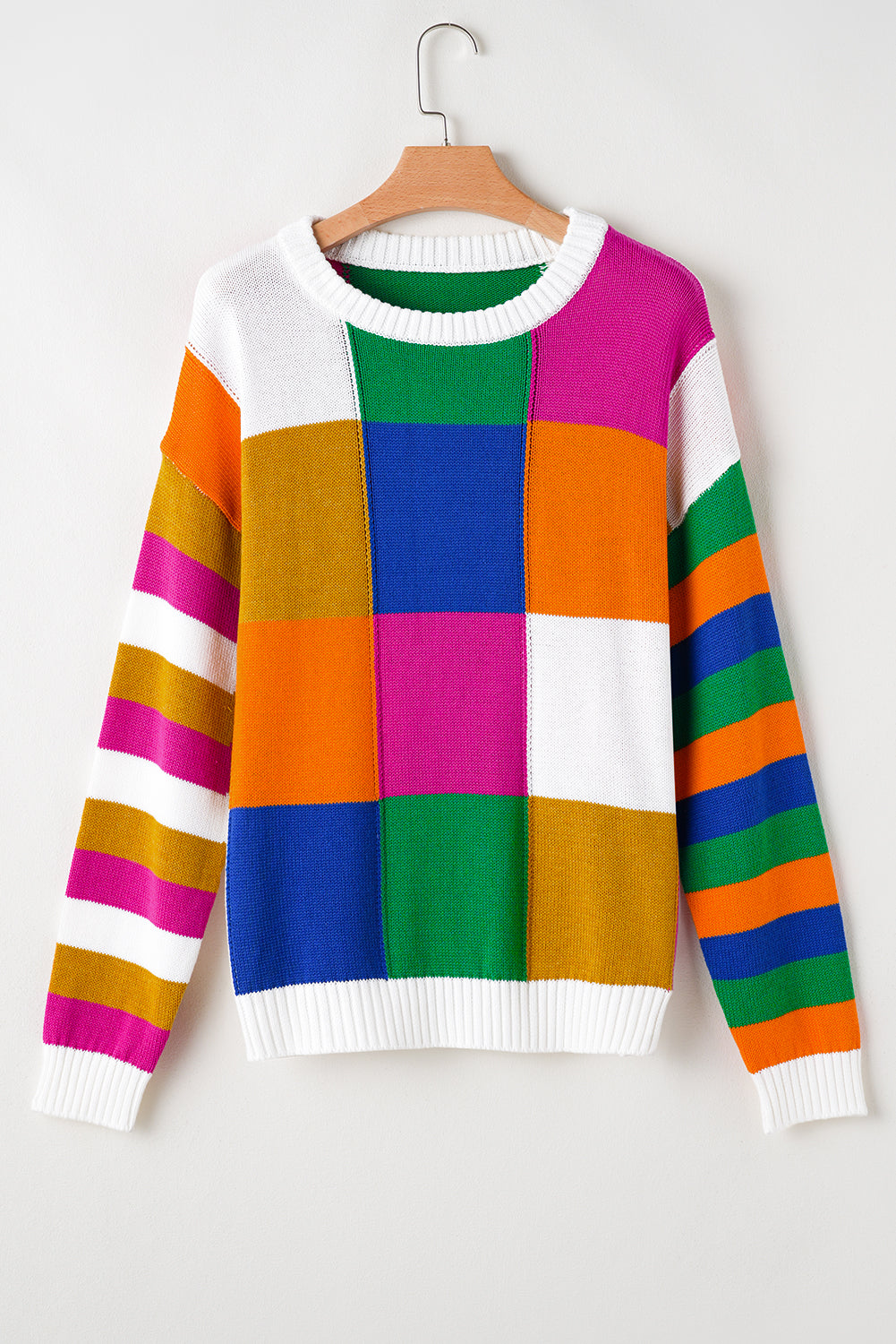 Orange karierter Farbblock-Pullover mit Rundhalsausschnitt und lockerem Schnitt