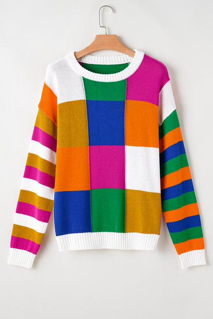 Orange karierter Farbblock-Pullover mit Rundhalsausschnitt und lockerem Schnitt