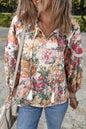 Pink Floral Print Lace Embroidery Tie Split Neck Long Sleeve Blouse