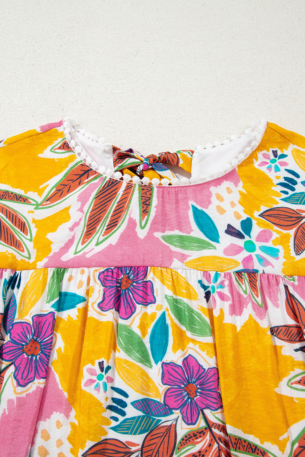 Pink Floral Print Lace Trimmed Tie Back Bell Sleeve Swing Mini Dress