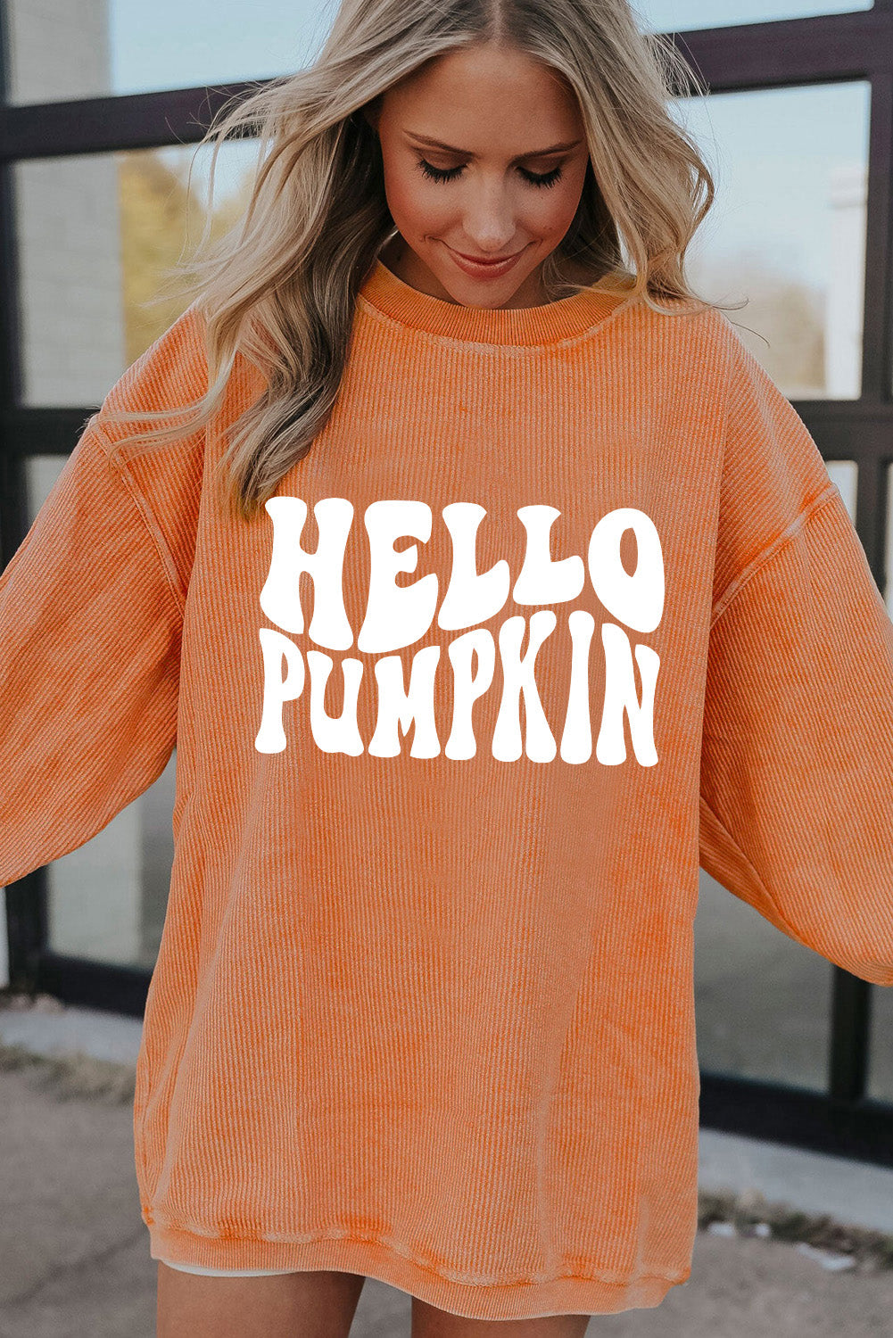 Oranges Sweatshirt mit „HELLO PUMPKIN“-Buchstabengrafik