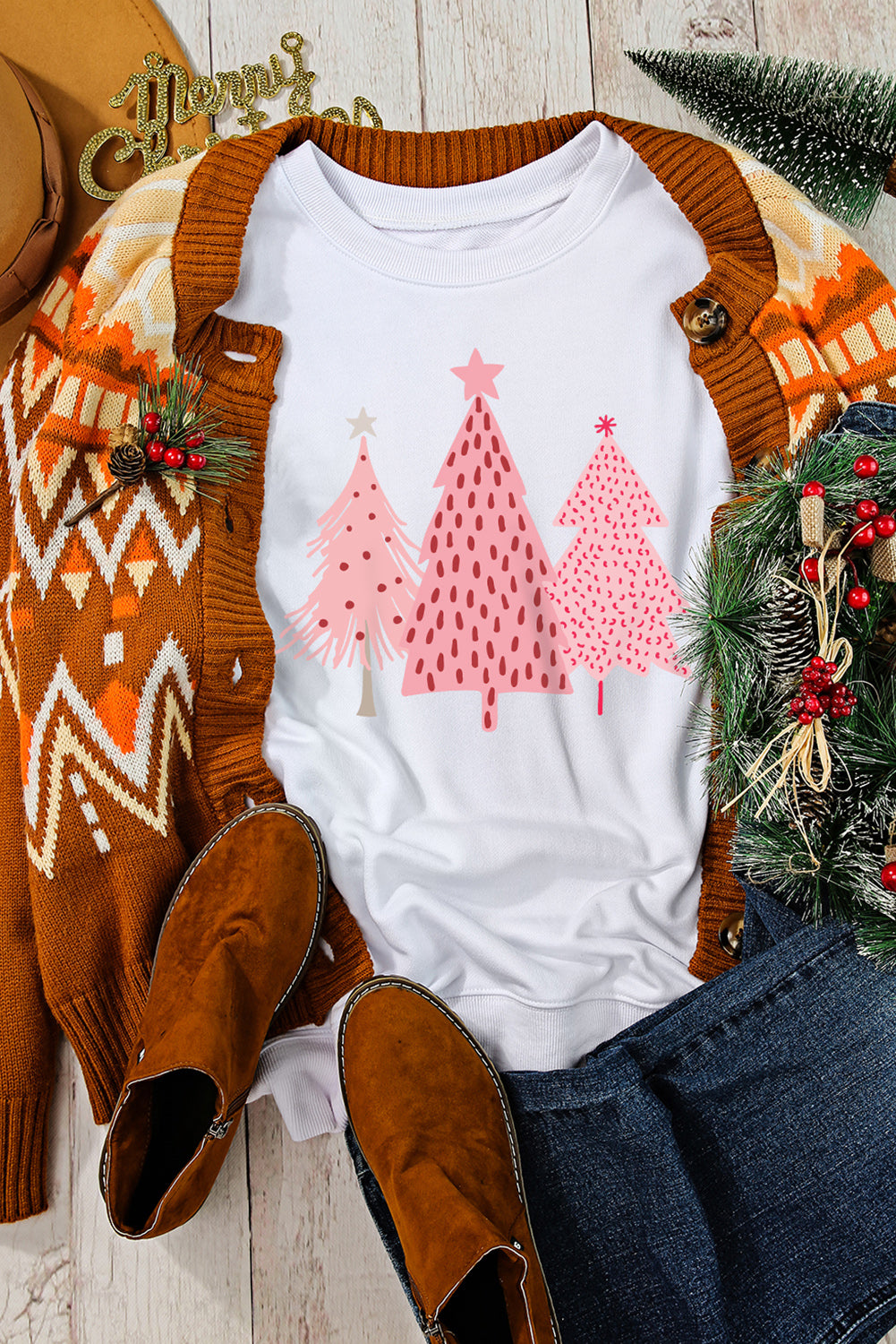 Weißes Sweatshirt mit Weihnachtsbaum-Punkte-Print