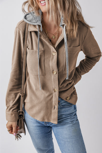Hellkhakifarbene Cordjacke mit Kapuze, Kordelzug und Taschen