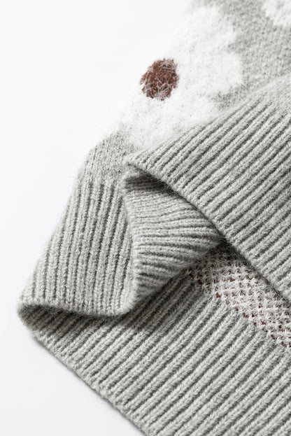 Grauer Pullover mit Blumenmuster und halblangem Reißverschluss sowie überschnittenen Schultern