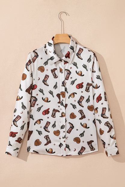 White Western Fashion Print Button Up Casual Shirt
