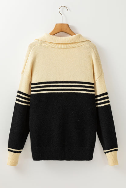 Schwarzer Pullover mit Colorblock-Streifen und V-Ausschnitt