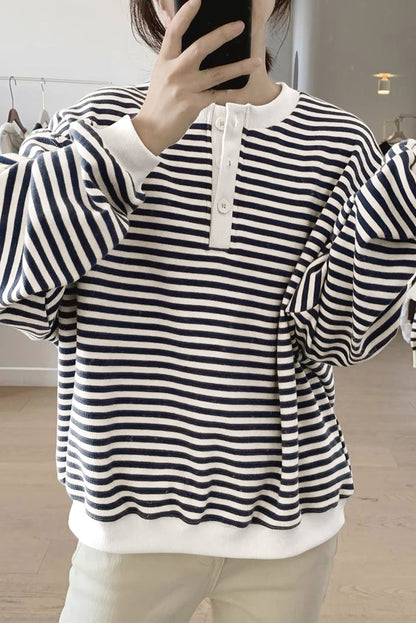 Weißes, gestreiftes, farbiges Block-Sweatshirt mit Rundhalsausschnitt und Knöpfen