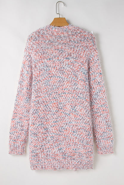 Rosa, mehrfarbige Strickjacke mit offener Vorderseite und Konfetti
