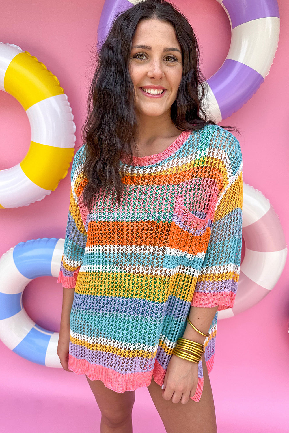 Rosa gestreifter Colorblock-Pullover mit 3/4-Ärmeln und ausgehöhltem Häkelmuster