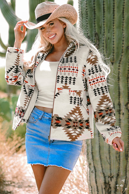 Beige Jacke mit Stehkragen und Reißverschluss im Aztekenmuster