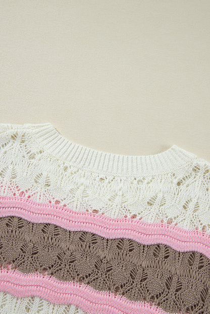 Braun gestreifter Farbblock-Pullover mit halblangen Ärmeln und ausgehöhltem Häkelmuster