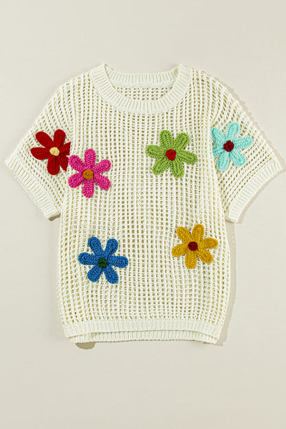 Weißes T-Shirt mit Häkelblumen-Aushöhlung