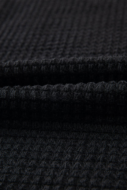 Black Waffle Knit Drop Shoulder Long Sleeve Top