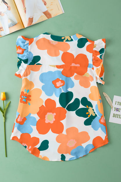 Orangefarbene Bluse mit Blumenmuster, V-Ausschnitt, Rüschenärmeln