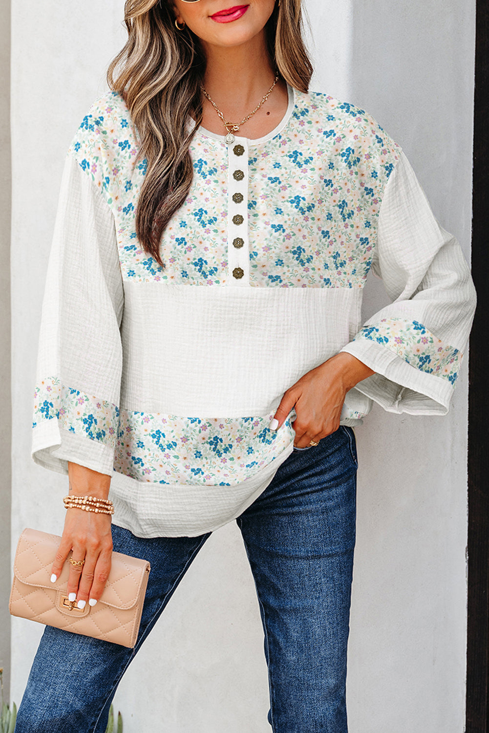 Sky Blue Floral Print Gauze Patchwork Henley Button 3/4 Sleeve Blouse