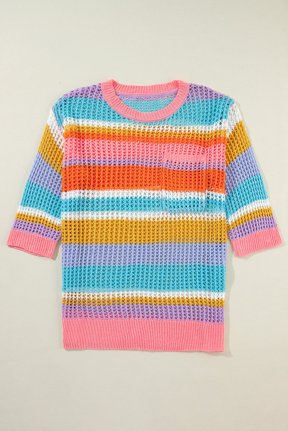 Rosa gestreifter Colorblock-Pullover mit 3/4-Ärmeln und ausgehöhltem Häkelmuster