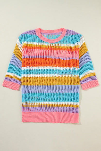 Rosa gestreifter Colorblock-Pullover mit 3/4-Ärmeln und ausgehöhltem Häkelmuster