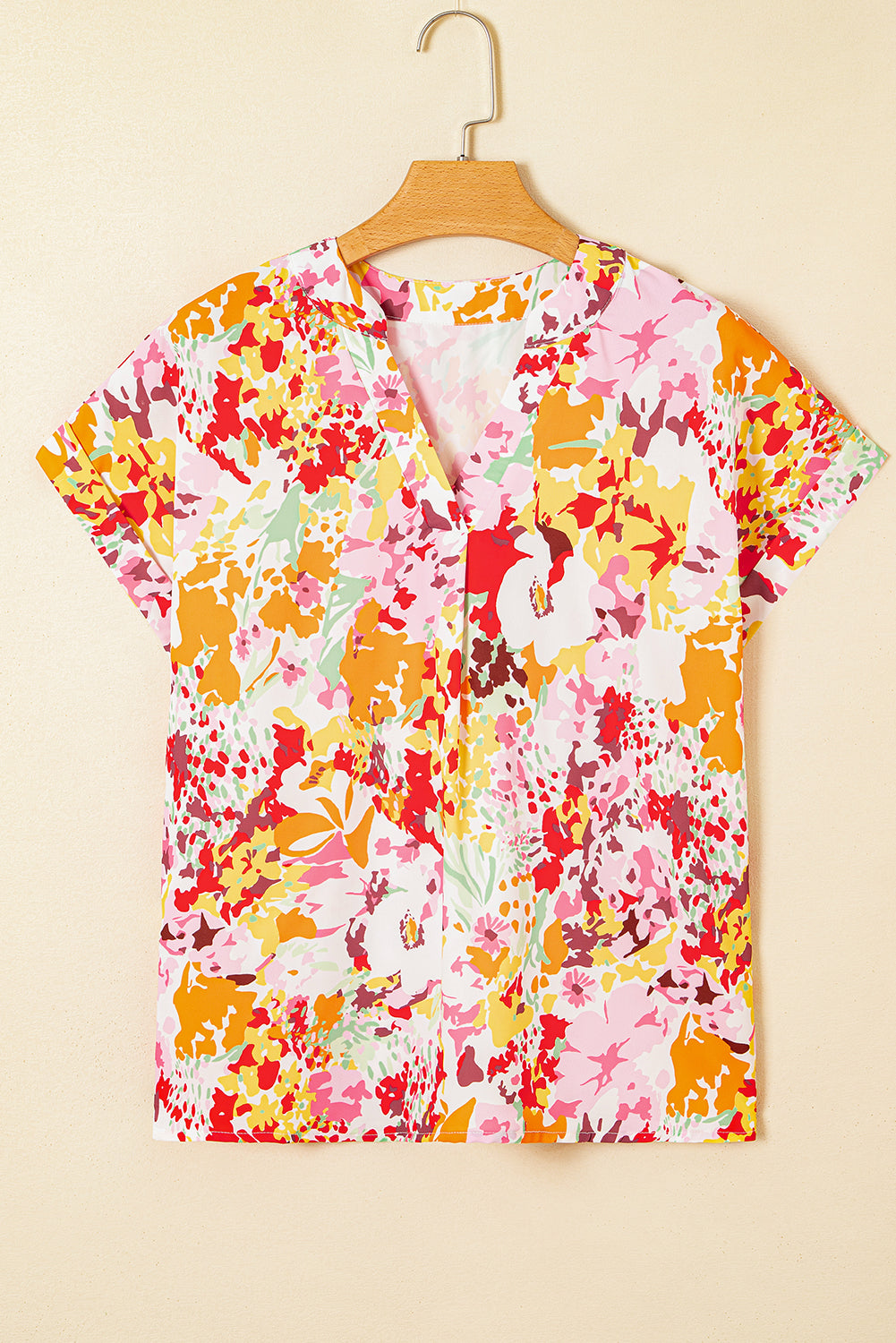 White Boho Floral Print V Neck Short Sleeves Top