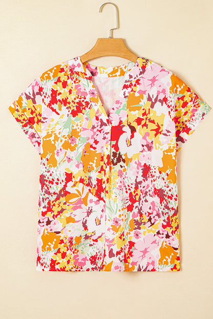 White Boho Floral Print V Neck Short Sleeves Top