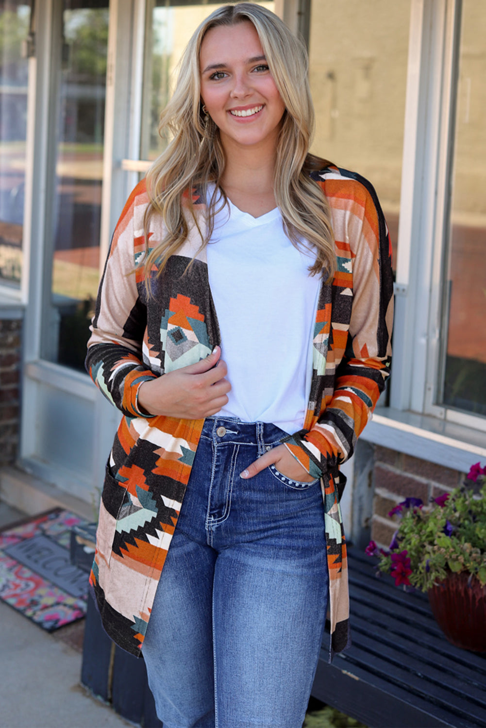 Orangefarbene Strickjacke mit Western-Tribal-Aztekenmuster
