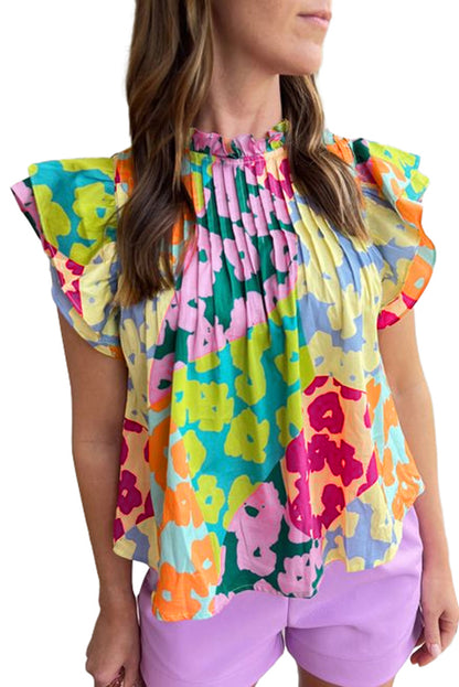 Mehrfarbige Bluse mit abstraktem Print und plissierten Flügelärmeln