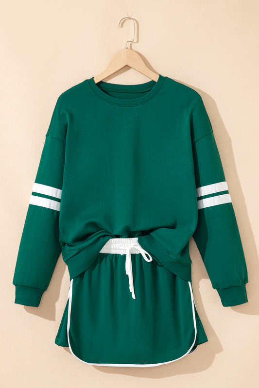 Evergreen Varsity Stripe Detail Drop Shoulder Pullover Mini Skirt Set