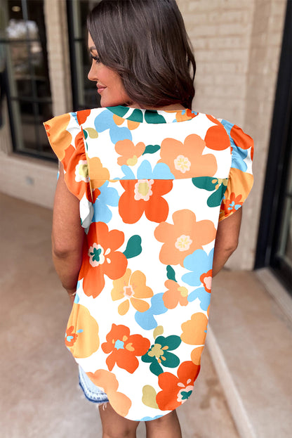 Orangefarbene Bluse mit Blumenmuster, V-Ausschnitt, Rüschenärmeln