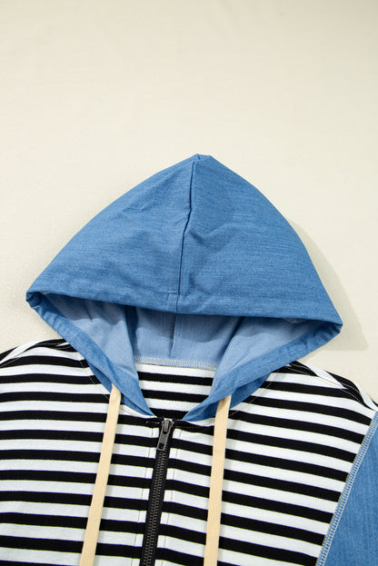 Black Stripe Denim Color Block Quarter Zip Baggy Drawstring Hoodie