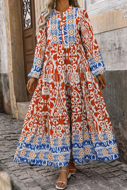 Oranges Boho-Maxikleid mit geometrischem Print und langen Ärmeln
