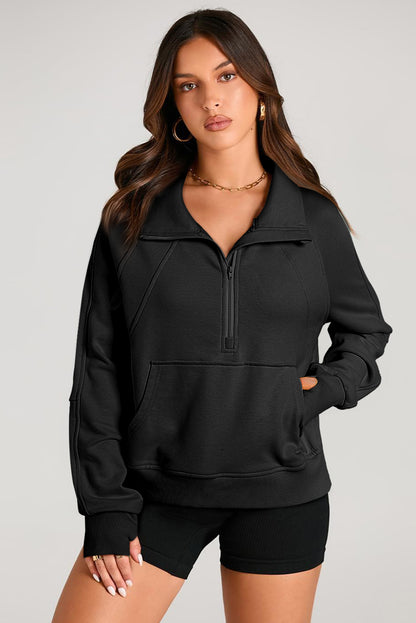 Schwarzes Sweatshirt mit Viertelreißverschluss, Stehkragen und Kängurutasche