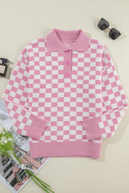 Rosa karierter Pullover mit Knöpfen, Kragen, V-Ausschnitt und überschnittenen Schultern