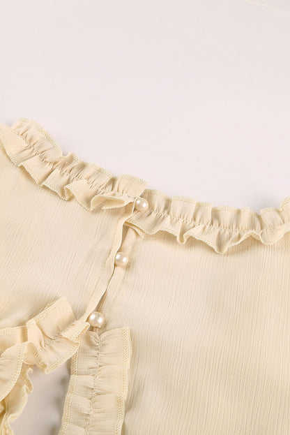 Beiges Kleid mit V-Ausschnitt und Rüschendetail und offenem Rücken