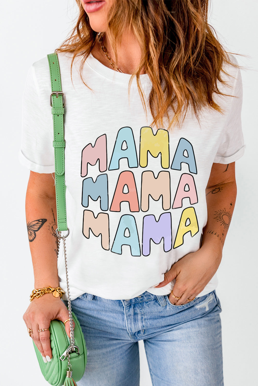 Weißes, lässiges T-Shirt mit Rundhalsausschnitt und MAMA-Slogan-Print