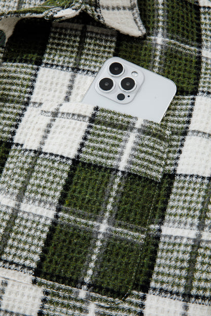 Black Plaid Print Textured Knit Buttoned Shacket